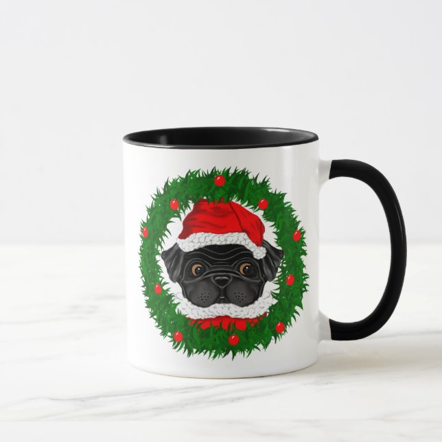 Caneca Papais noeis de Pug Preto de Natal Bonito em Terra (Direita)