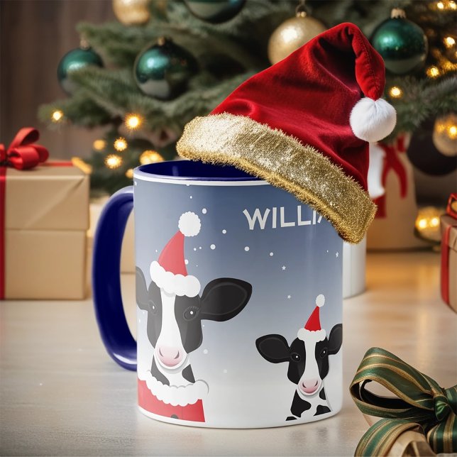 Caneca Papais noeis de Vaca Azul Nome Branco Fazenda Nata (Add this fun and personalized cow Christmas mug to your holiday.)