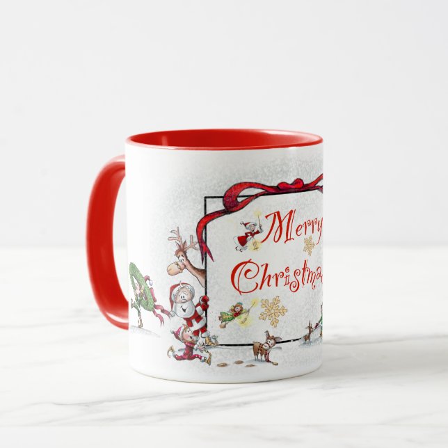 Caneca Papais noeis e seus Elfos Feliz Mug de Natal (Frente Esquerda)
