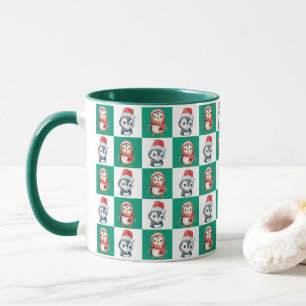 Caneca Papais noeis pinguins aquarela Padrão Feliz de Nat