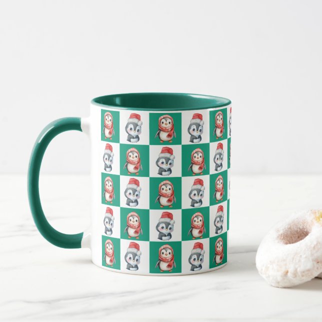 Caneca Papais noeis pinguins aquarela Padrão Feliz de Nat (Com Donut)