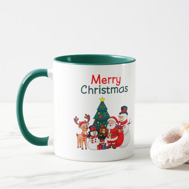 Caneca Papais noeis, Snowman E Reindeer Feliz Natal (Com Donut)