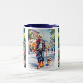 Caneca Papi rocker cool promène tranquillement son chien.