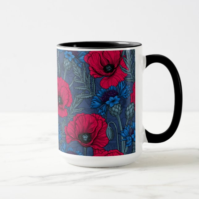 Caneca Papoilas vermelhas e flores azuis em azul (Direita)
