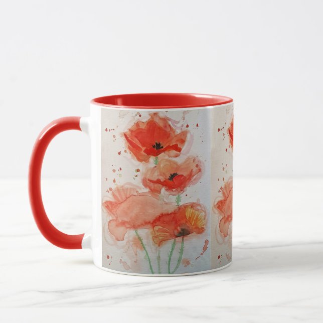 Caneca Papoulas Vermelhas Brilhantes Flor Floral Aquarela (Esquerda)