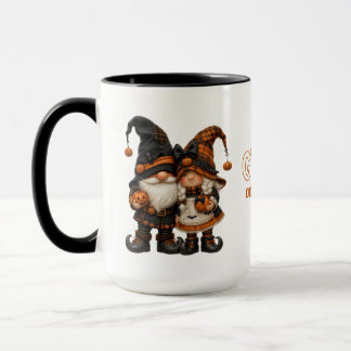 Caneca Par de Gnomos de Halloween Laranja Xadrez