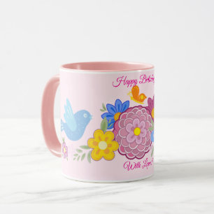 Caneca Parabéns, Flores Selvagens, Padrões de Pássaros do