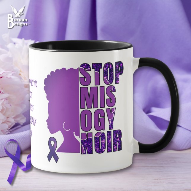 Caneca PARAR O MISOGYNOIR A Consciência da Violência Domé (STOP MISOGYNOIR Hatred of Black women anti DVA coffee mug with afro silhouette and customizable text)