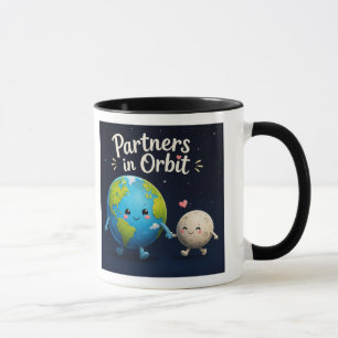 Caneca Parceiros em Órbita. Ilustração Fofa da Terra e da