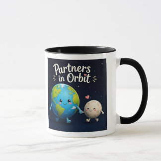 Caneca Parceiros em Órbita. Ilustração Fofa da Terra e da