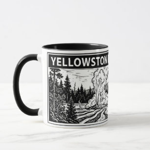 Caneca Parque Nacional de Yellowstone Preto Branco Xilogr