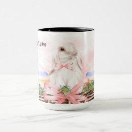 Caneca Páscoa com coelho branco no cesto