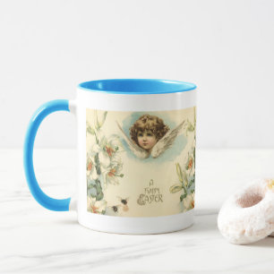 Caneca Páscoa Vintage, Flores de Lírio Vitorianas e Anjo