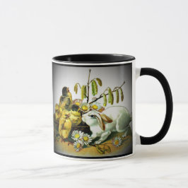 Caneca Páscoa Vintage Pintinhos de Coelho Branco e Bebês,