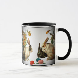 Caneca Páscoas de coelhos de colheita olhando ovos de doc