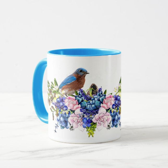 Caneca Pássaro Azul da Felicidade Floral Personalizado  (Frente Esquerda)