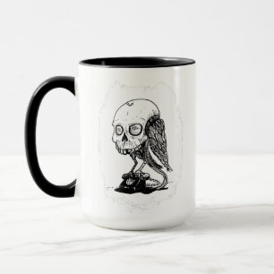 Caneca Pássaro crânio empoleirado em um telefone rotativo