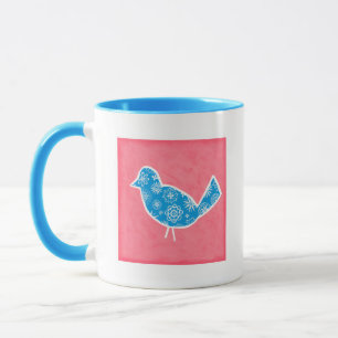 Caneca Pássaro Decorativo com Padrões em Fundo Rosa