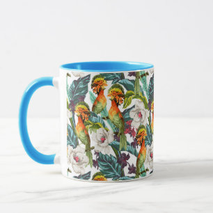 Caneca Pássaro e teste padrão de flor exótico