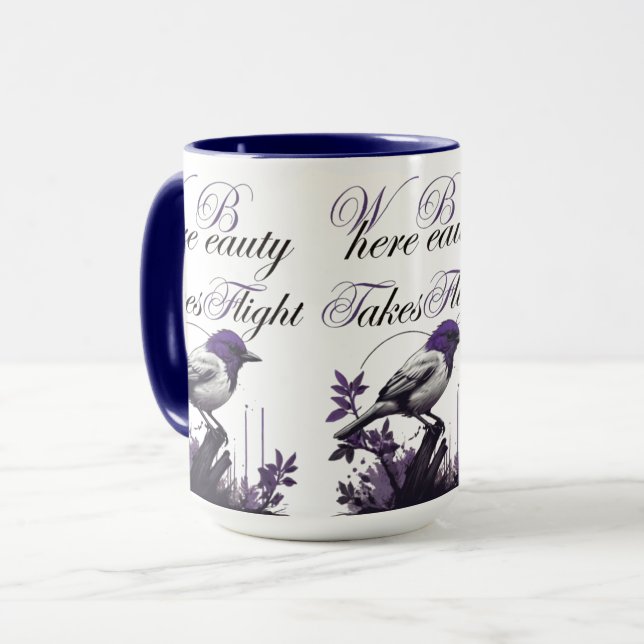 Caneca Pássaro em Bloom | Harmonia de Cinzas e roxas (Frente Esquerda)