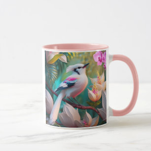 Caneca Pássaro Fantasia com Crista Branca e Peito Rosado