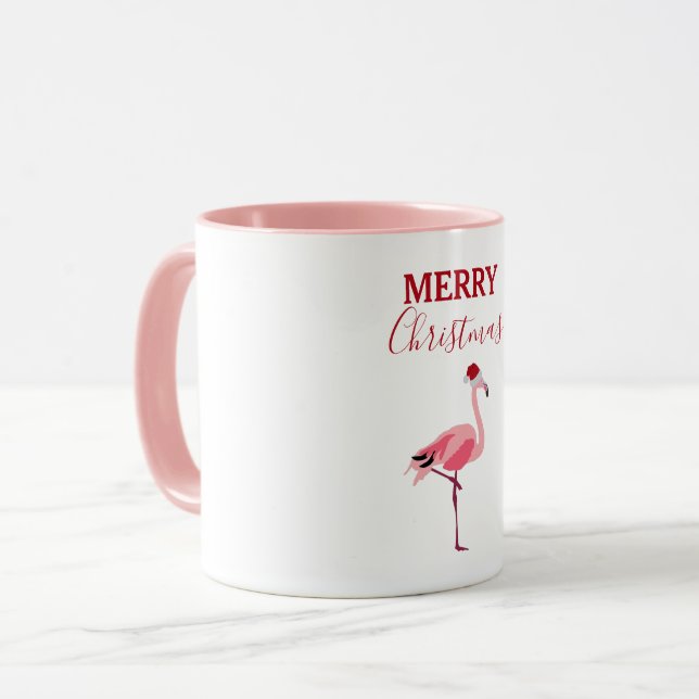 Caneca Pássaro Flamingo Rosa de Natal com Papai Noel (Frente Esquerda)