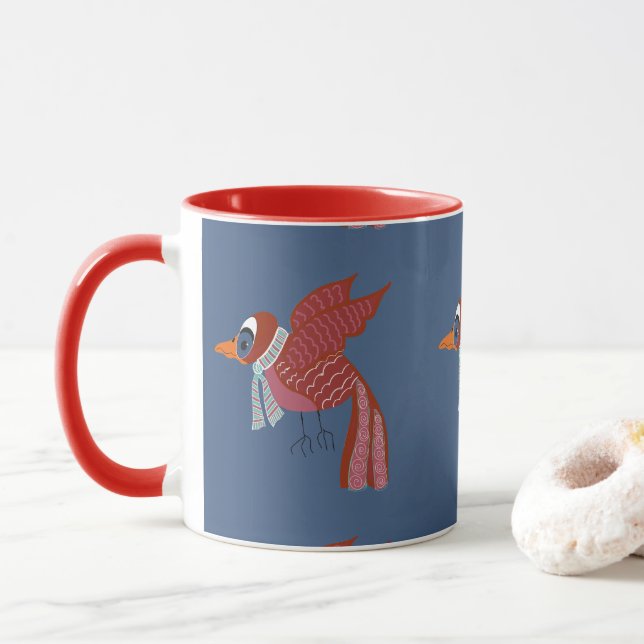 Caneca Pássaro invernal caprichoso com cachecol (Com Donut)
