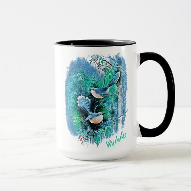 Caneca Pássaros Azuis Invernos Pintando Com Nome Mug (Direita)