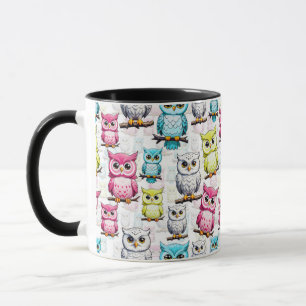 Caneca Pássaros corujeiros coloridos Padrão branco de fun