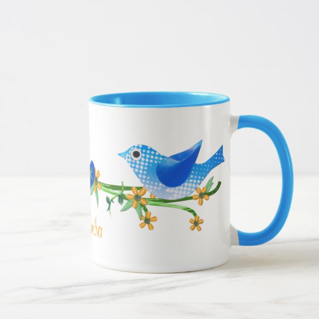 Caneca Pássaros de papel Nome personalizado Mug Azul (Direita)