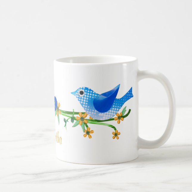 Caneca Pássaros de papel Nome personalizado Mug Azul (Direita)