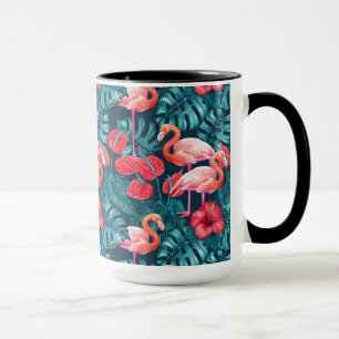 Caneca Pássaros Flamingo e aquarela de jardim tropical