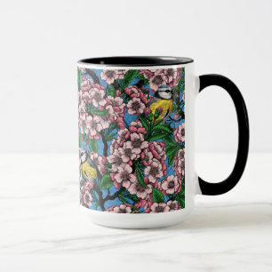 Caneca Pássaros-peludos-azuis na cerejeira florescente em