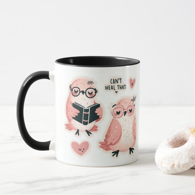 Caneca Pássaros rosa-pinto-bonitos - "Não consigo sarar i (Com Donut)