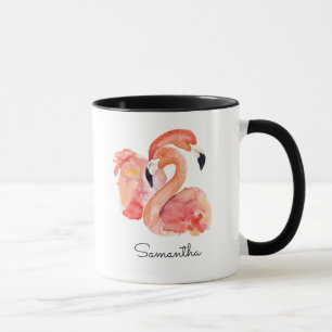 Caneca Pássaros tropicais cor-de-rosa com seu nome