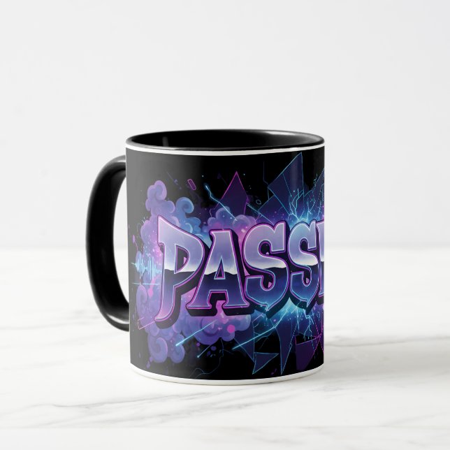 Caneca Passion Cyberpunk Typography – Vibrant Modern Word (Frente Esquerda)