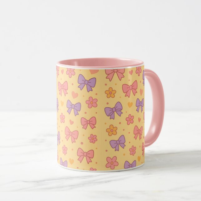 Caneca Pastel Bows & Flowers Pattern – Cute Yellow Girly (Frente Esquerda)