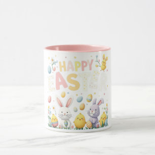 Caneca Pastel Floral Felz pascoa Bunny e Pintinhos