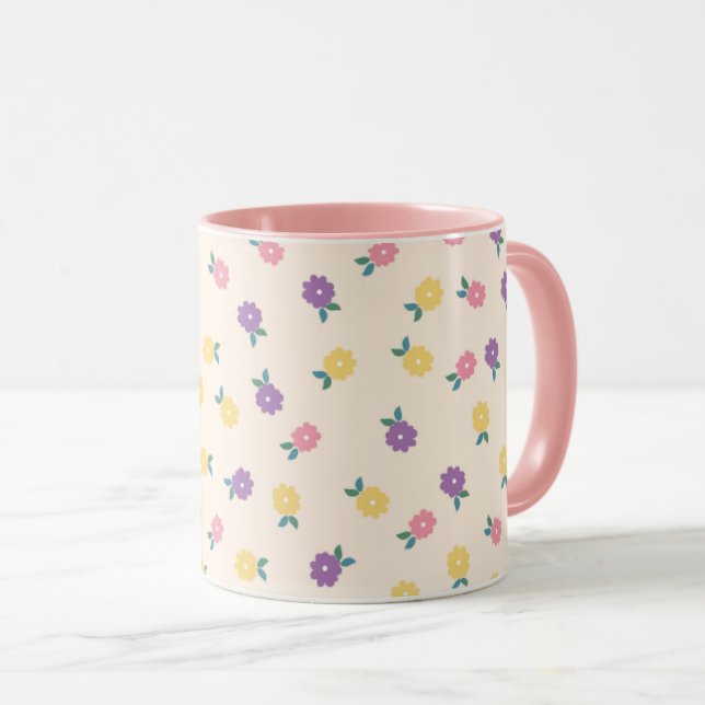 Caneca Pastel Floral Pattern – Cute Yellow, Pink & Purple (Frente Esquerda)