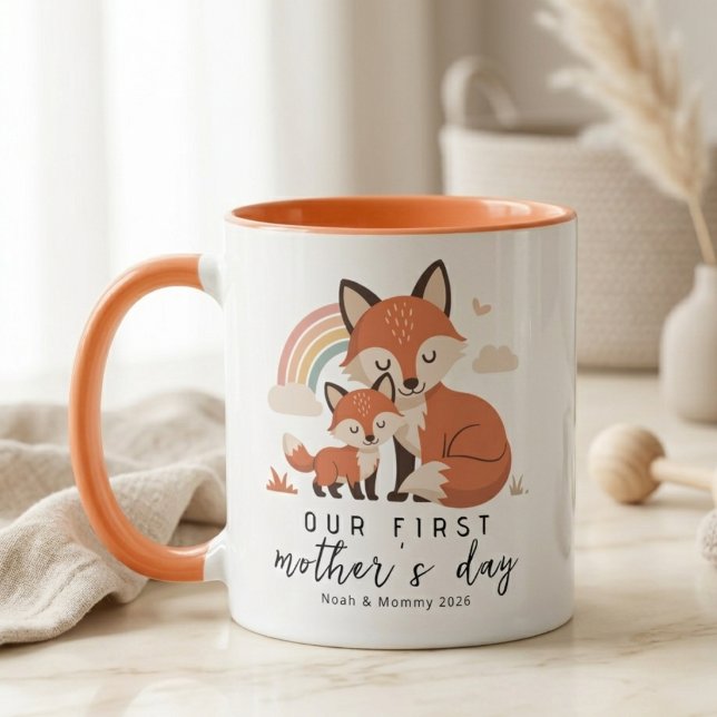 Caneca Pastel Fox Mãe Bebê Primeiro Dia das Mães Arco-íri (Criador carregado)