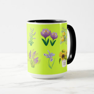 Caneca Pastel Green Mug com Dores Florais Amarelas e Púrp
