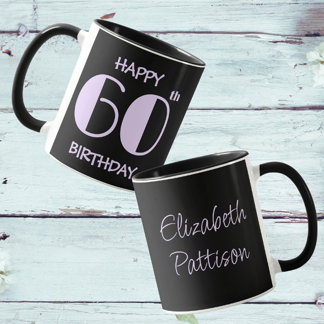 Caneca Pastel Lilac 60º Aniversário Nome Negro (Front And Back)