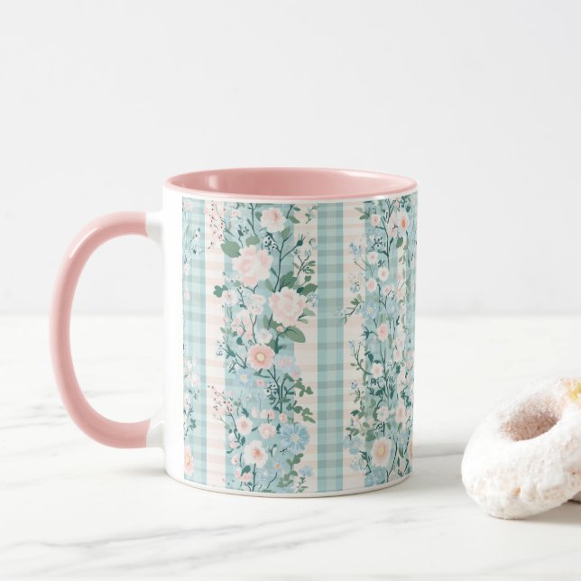 Caneca Pastel Pink Blue Watercolor Florals Gingham (Com Donut)