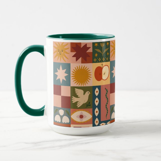 Caneca Patchwork celestial boêmica com símbolos místicos (Esquerda)