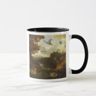 Caneca Patos e outros pássaros sobre um córrego em um