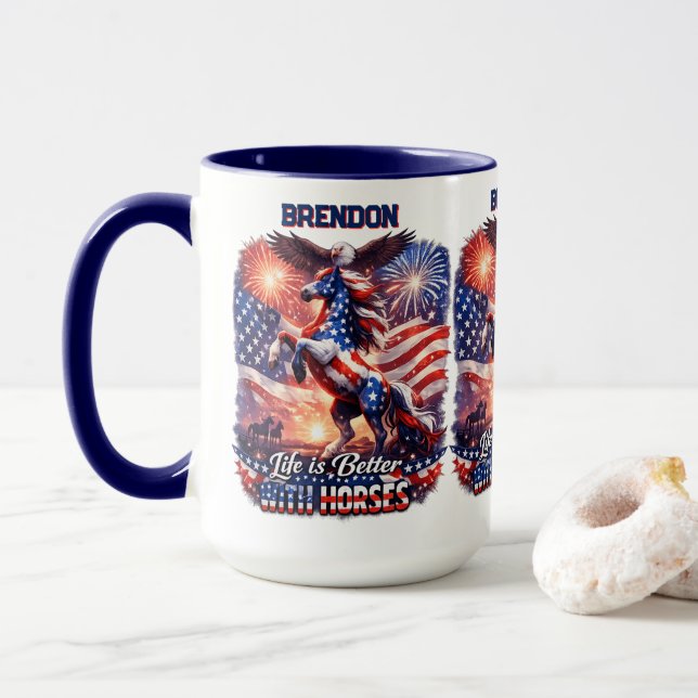 Caneca Patriotic Horse American Flag Sunset Equestrian  (Com Donut)