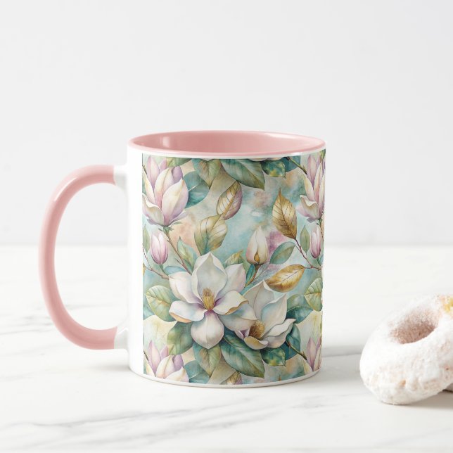 Caneca Pattern Elegant Magnolia Flowers (Com Donut)