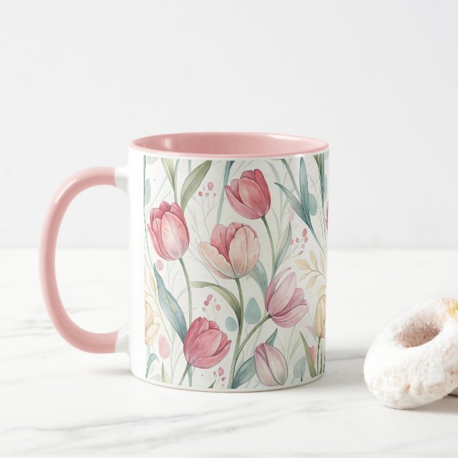 Caneca Pattern Watercolor Modern Tulips (Com Donut)