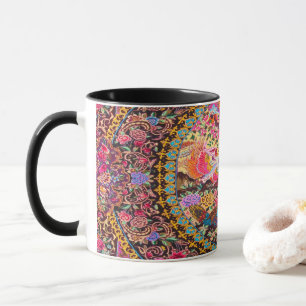 Caneca Pavão Azul Pérsico, Dourado, Rosa, Flor Persa