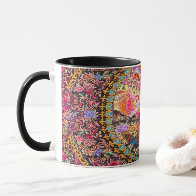 Caneca Pavão Azul Pérsico, Dourado, Rosa, Flor Persa (Com Donut)